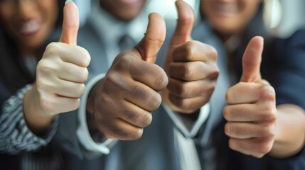Close-up of a diverse team of colleagues in business attire, giving thumbs up gestures with genuine...