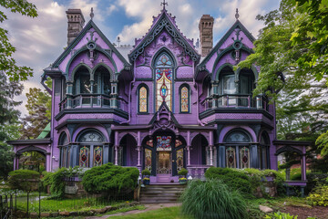 Impressive violet mansion exterior, Gothic style with pointed arches and stained glass.