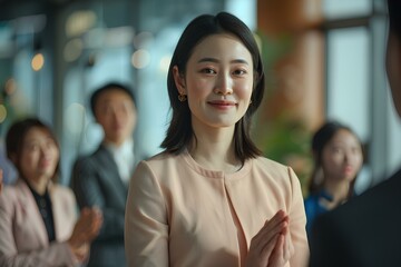 In a bustling office environment, a young Asian businesswoman stands poised and confident, expressing gratitude to her colleagues for their support and collaboration during her presentation.