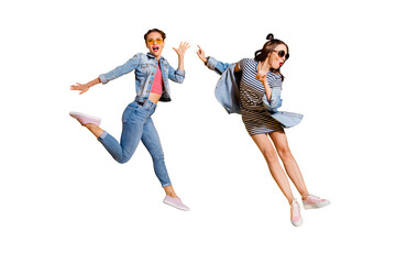 Full legs body size portrait of two grinning cheerful charming optimist nice-looking good-dressed...