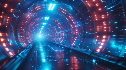 Obraz premium A Futuristic And Dynamic Technology Design With A Vibrant Blue Background And A Large Circular Entrance Leading To Another Space 