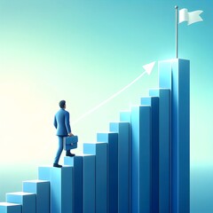 a businessman ascending a series of bar graphs, symbolizing the journey towards achieving goals and reaching new heights in career and business