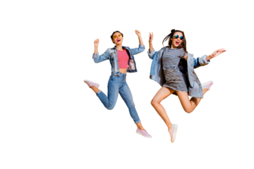 Leisure lifestyle concept. Full legs body size portrait of two emotion overjoyed beautiful attractive dreamy charming lovely cute sweet lady in glasses spectacles jump isolated on yellow wall