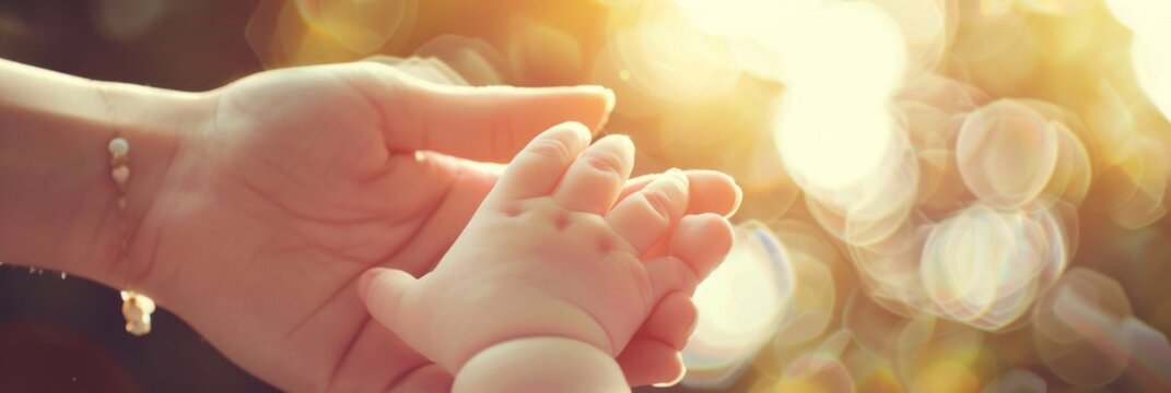 Female holding newborn baby's hand, touch fingers against bokeh background. Togetherness mother and infant child. Love, adoption, support, protection of children, Copy space. Banner happy family