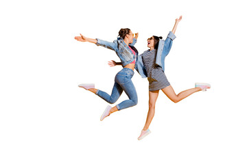 Full legs body size portrait of two sweet gorgeous glad positive nice adorable good-looking lady in...