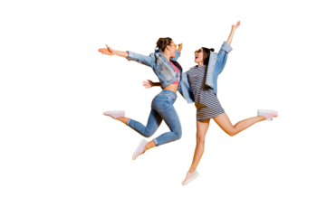 Full legs body size portrait of two sweet gorgeous glad positive nice adorable good-looking lady in glasses spectacles ready hug each other jump isolated on yellow shine background raised hands up