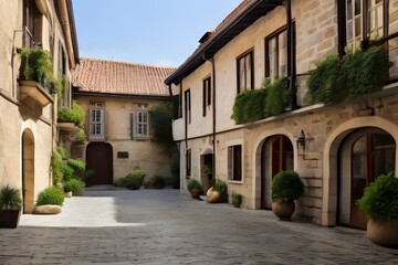 A cobblestone courtyard overlooked by the tiled roofs of centuries-old townhouses, steeped in history