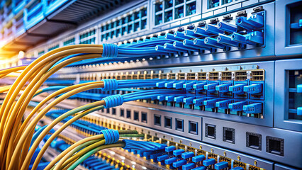 A close-up of fiber optic cables connected to network switches in a data center, highlighting the importance of high-speed connectivity.