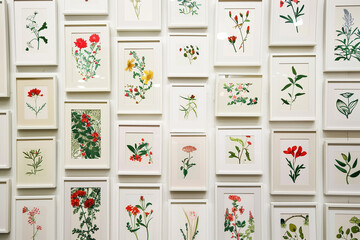 Interlocking lattice of white frames each with a different botanical print in a garden-like gallery. --ar 3:2 --style raw - Image #4 @Ammar Malik