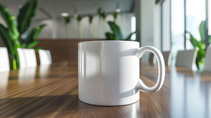 Fototapeta premium White coffee mug on wooden table.