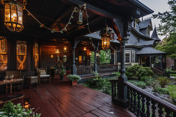 Inviting mansion exterior with a cozy wrap-around porch and hanging lanterns.