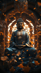 Fototapeta premium Buddha Statue Sitting Among Flowers