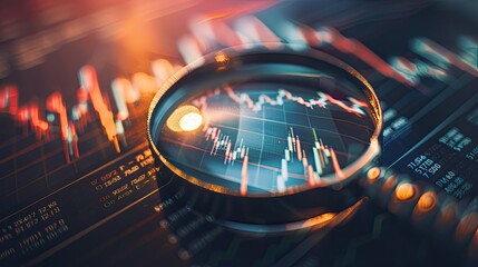 a magnifying glass positioned over financial charts and graphs, symbolizing the meticulous study of business data presented, with bar or pie chart graphics.