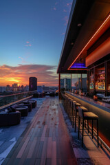 Obraz premium A city rooftop bar with panoramic skyline views, sleek modern decor, and handcrafted cocktails, offering a stylish and sophisticated ambiance for guests to unwind and enjoy.
