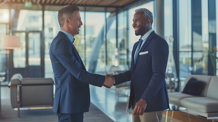 Two businessmen shaking hands in a modern office setting, surrounded by a diverse team, representing a successful B2B partnership and celebrating a fruitful collaboration.