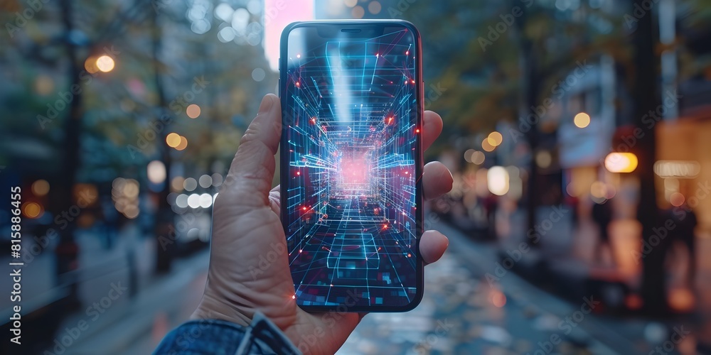 Poster a futuristic concept of a mobile app that uses augmented reality technology to overlay abstract digi