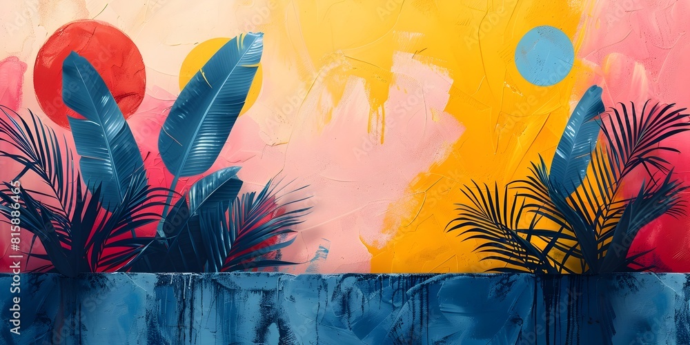 Poster transformative tropical sunset wallpaper design with abstract patterns and bold botanical elements