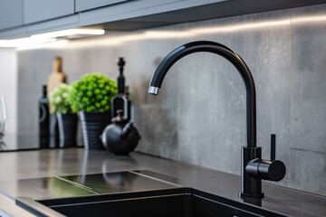 Modern Black kitchen faucet plant. People home. Generate Ai