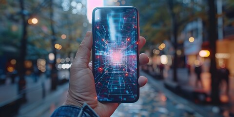 a futuristic concept of a mobile app that uses augmented reality technology to overlay abstract digitally