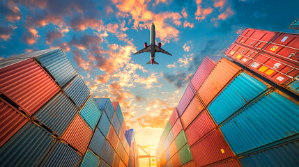A cargo plane flying above the stack of containers at the container port