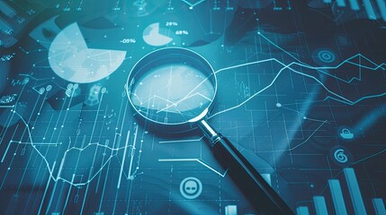 a magnifying glass positioned over financial charts and graphs, symbolizing the meticulous study of business data presented, with bar or pie chart graphics.