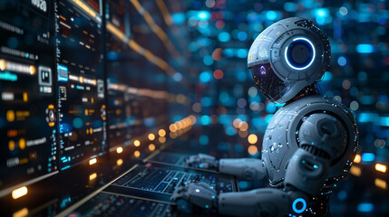 Fototapeta premium Robot Working on a Computer