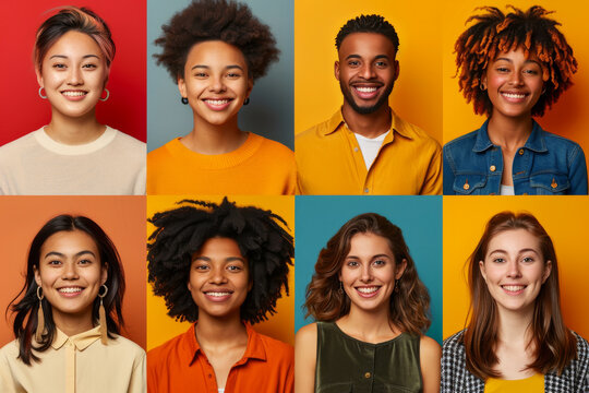 A grid with portraits of beautiful young smiling people from all over the world, nationality diversity, warm background.