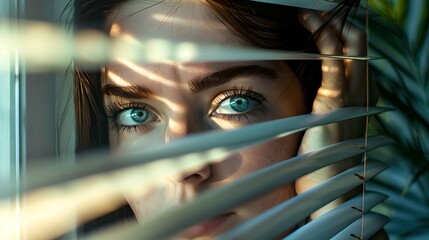 Mysterious woman peers through blinds, a play of shadow and light, intense gaze captured, evocative and thought-provoking portrait. AI
