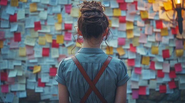 Eine Frau steht vor einer Wand voller Post it zettel und h&auml;lt ein Handy oder Smartphone in der Hand es sind wohl viele Aufgaben