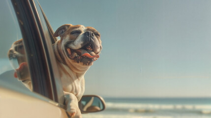 A dog with fluttering fur leans out of a car window. Satisfied dog with tongue hanging out against a backdrop of sea and the sky. Feeling of freedom and joy while traveling