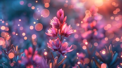 Vivid Floral Landscape with Bokeh Lights and Advanced Technology in Lush Savannah Setting
