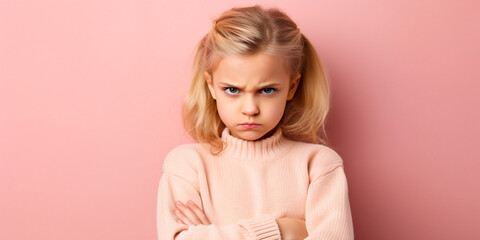 Little sad offended child with folded hands on a pink background, close-up portrait of a little girl, indoors, сopy space