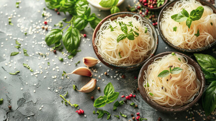 Bowls with shirataki noodles alternative trendy noodles with herbs. Suitable for low-carb and gluten-free diets, healthy food, fitness, diets;