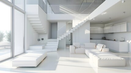 Obraz premium Modern interior design of house, kitchen, living room with sofa, staircase 3d rendering