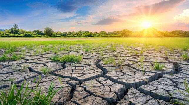 a sunset casting its glow upon cracked earth during the dry season, serving as a poignant symbol of global warming and climate change.