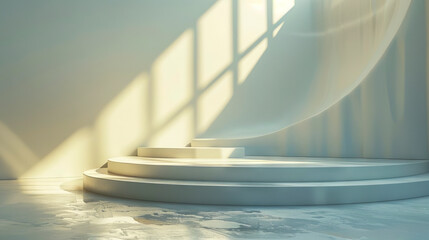 A white room with a staircase and sunlight.