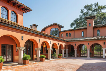 Naklejka premium Luxury mansion exterior design in rich terracott with Spanish tiles and archways.