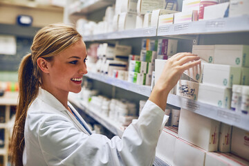 Happy woman, pharmacist or reading medicine for stock check at pharmacy for pills information....