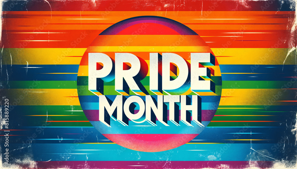 Poster a large 'pride month' text overlaid on a multicolored rainbow background representing the pride flag
