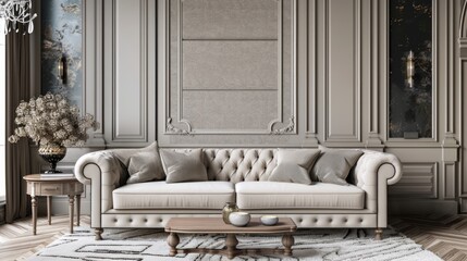 Classic living room interior, wall mockup, 3d render.