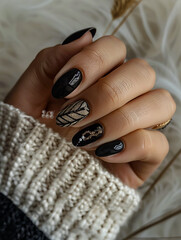 Black and white nail art with gold accents.