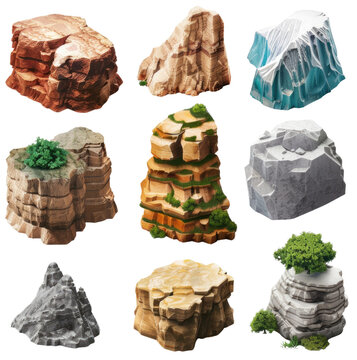 3d render of a set of nine different rocks and cliffs