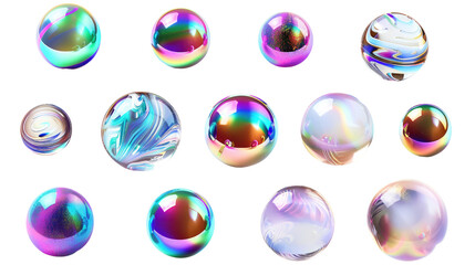 Set of 12 realistic metallic iridescent soap bubbles of different sizes with rainbow reflection in isolated on transparent background