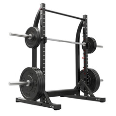 Power rack with loaded barbell in well-organized gym