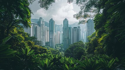 A cityscape of towering skyscrapers framed by lush greenery, illustrating the harmonious coexistence of nature and urbanity.