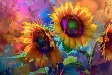 Artistic painting of sunflowers in a colorful style