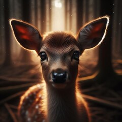 biche pris avec un macro Gros plan d'un jeune cerf aux yeux de biche regardant attentivement la caméra dans une foret, ses traits délicats illuminés par le coucher de soleil. 