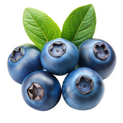 Obraz premium Fresh blueberries with green leaves on transparent background