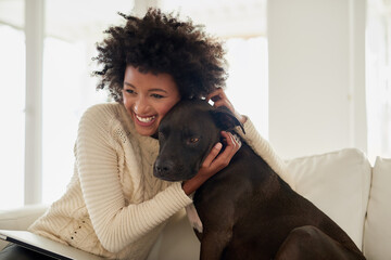 Home, hug and black woman with dog, care and relax with happiness, bonding together and animal....