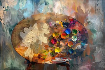 Fototapeta premium Artists palette with digital enhancements, representing the fusion of traditional and digital art